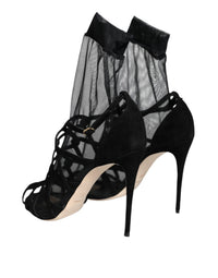 Dolce & Gabbana Black Tulle Stretch Heels Sandals Women's Shoes
