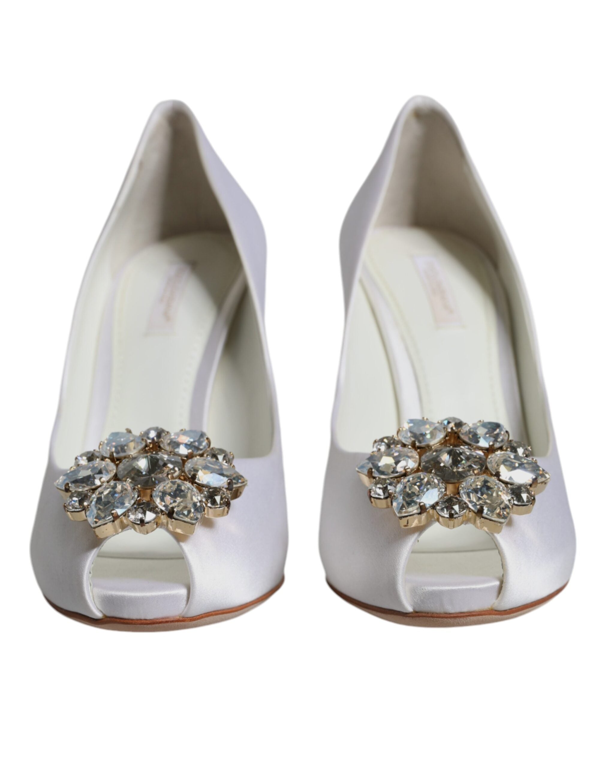 Dolce & Gabbana White Crystals Peep Toe Satin Pumps Women's Shoes (Pre-Owned)
