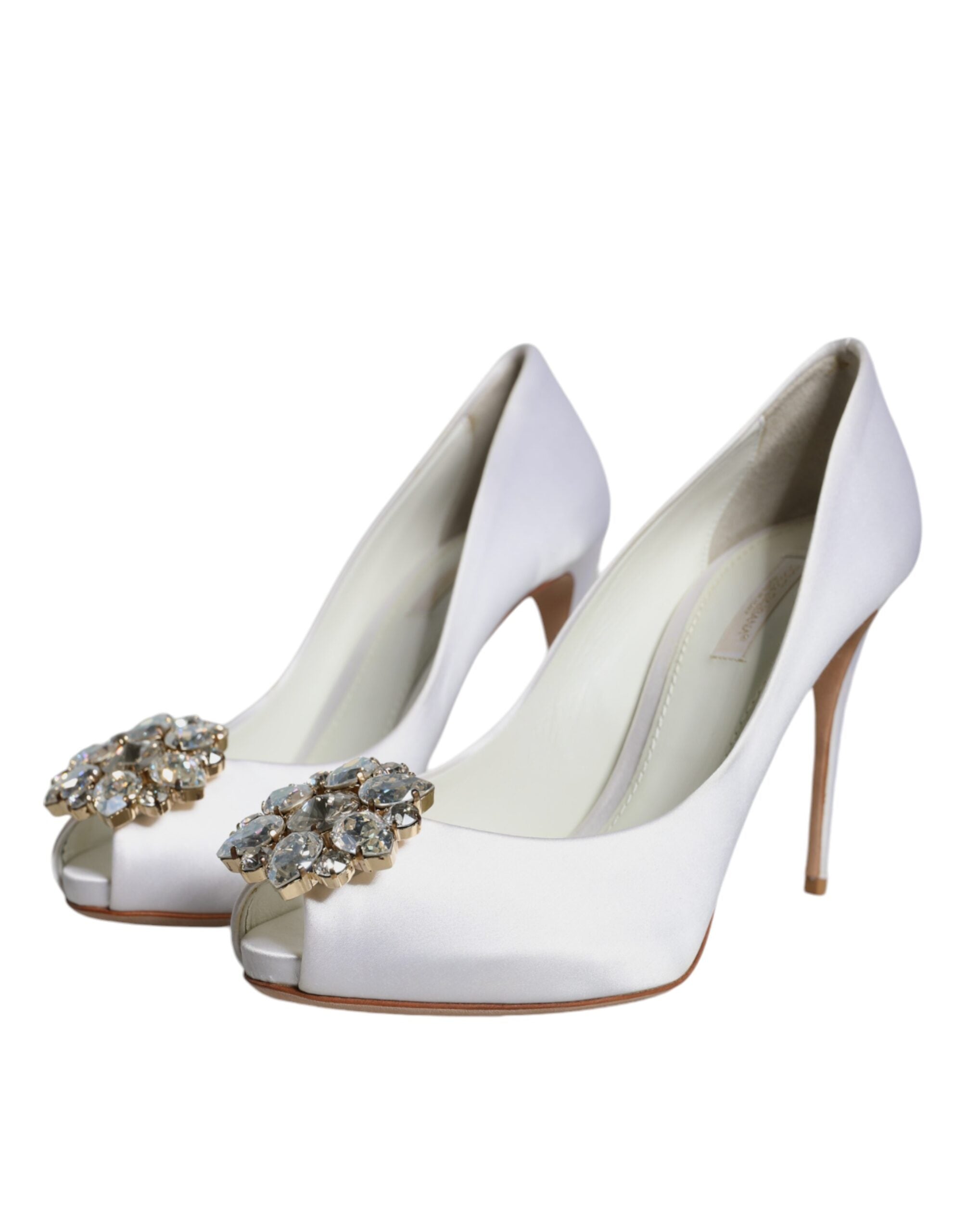 Dolce & Gabbana White Crystals Peep Toe Satin Pumps Women's Shoes (Pre-Owned)