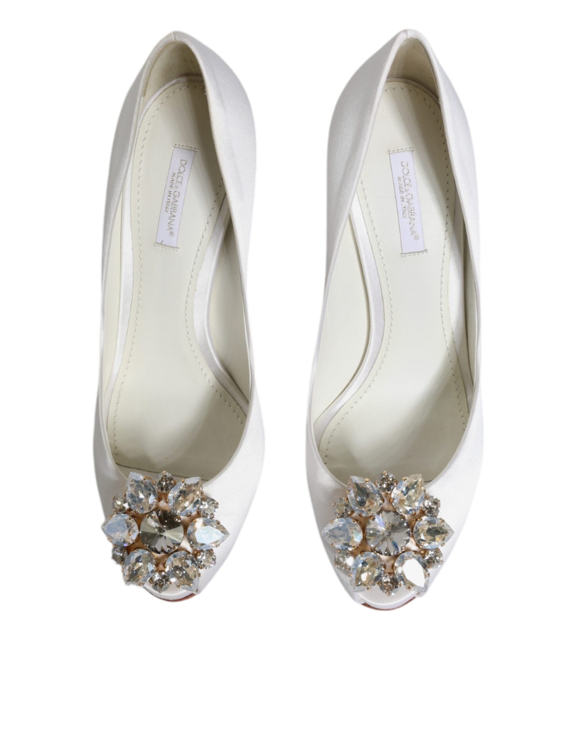 Dolce & Gabbana White Crystals Peep Toe Satin Pumps Women's Shoes (Pre-Owned)