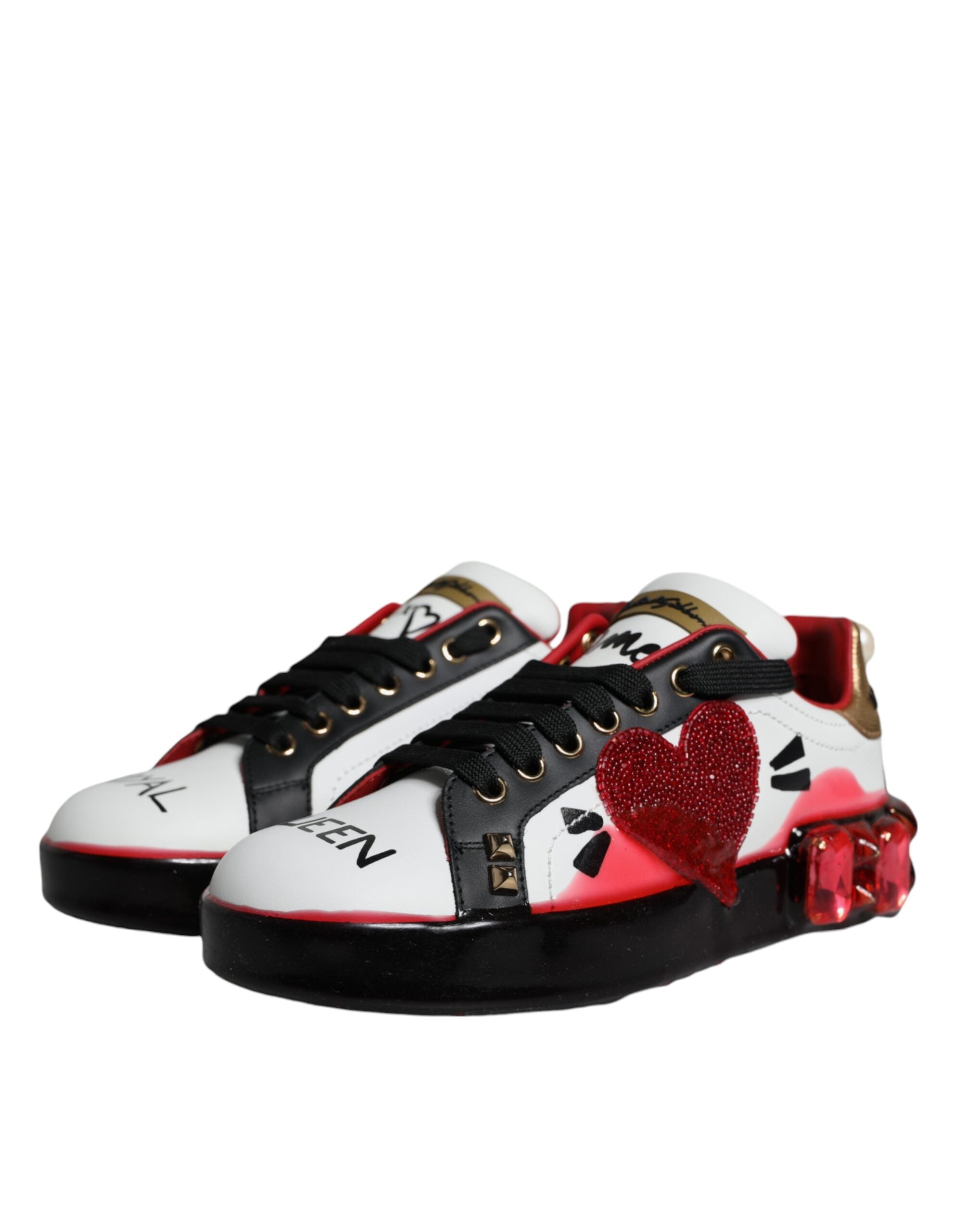 Dolce & Gabbana White Red Crystals Leather Portofino Sneakers Women's Shoes