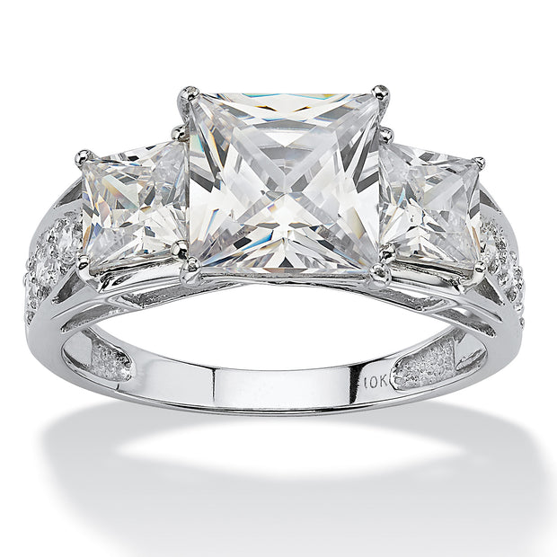 PalmBeach Jewelry 10K White Gold Princess Cut Cubic Zirconia 3-Stone Bridal Ring Sizes 5-9