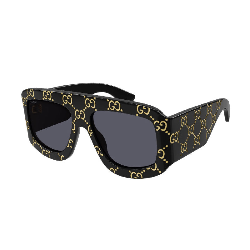 Gucci Gucci Sunglasses Square Full Rim, Black With Gold GG Pattern Frame and Grey Lens GG0983S004