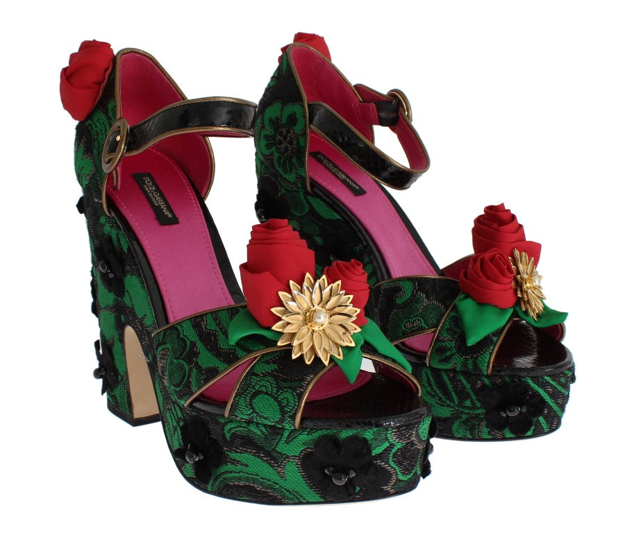 Dolce & Gabbana Dolce & Gabbana Green Brocade Snakeskin Roses Crystal Women's Shoes