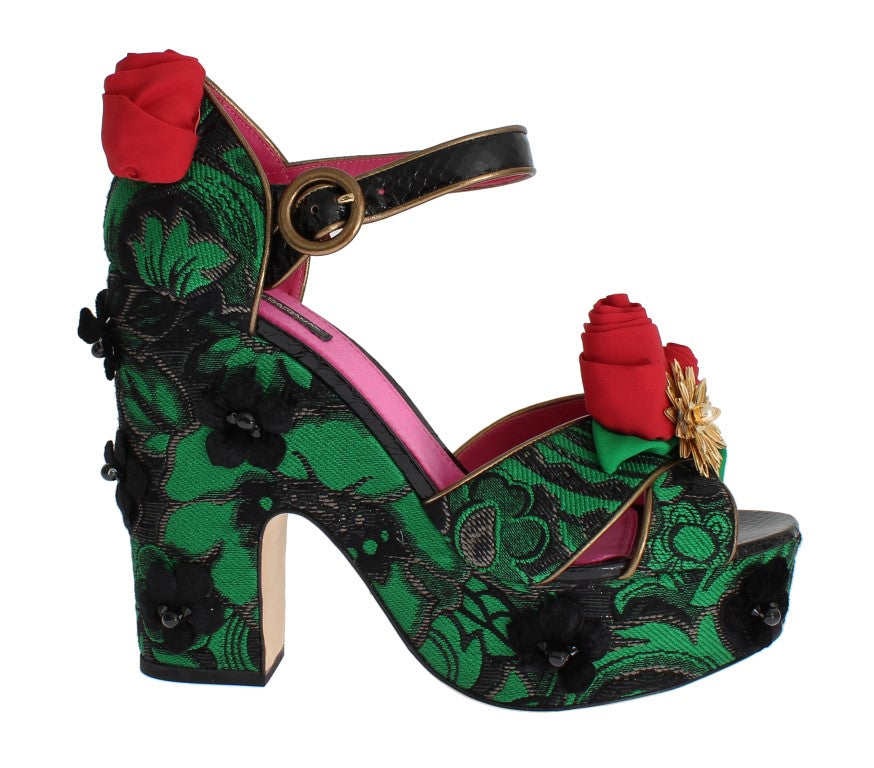 Dolce & Gabbana Dolce & Gabbana Green Brocade Snakeskin Roses Crystal Women's Shoes