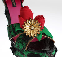 Dolce & Gabbana Dolce & Gabbana Green Brocade Snakeskin Roses Crystal Women's Shoes