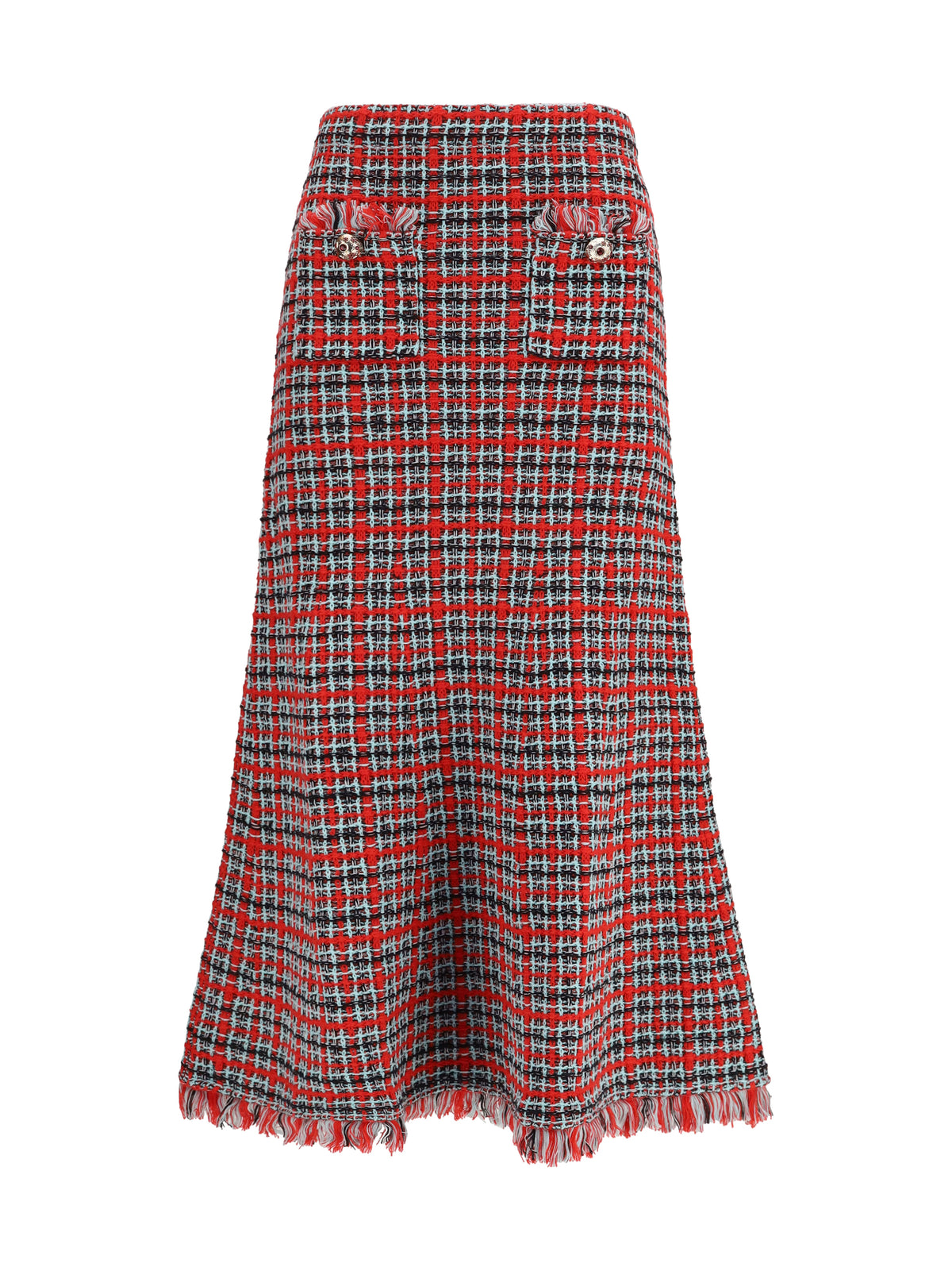 Self-Portrait Women Check Knit Midi Skirt With Frayed Edges