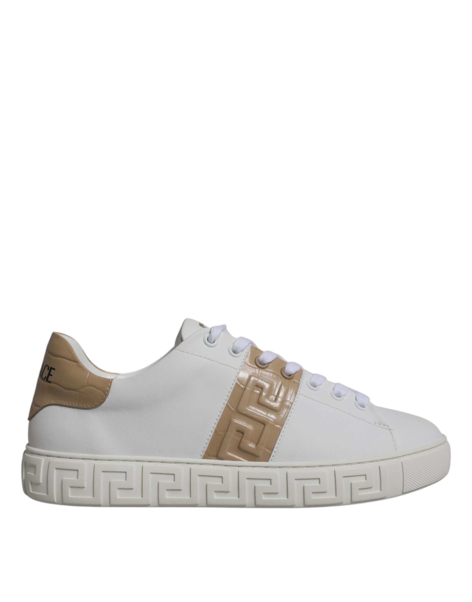 Versace White Brown Greca Print TPU Low Top Men Sneakers Men's Shoes