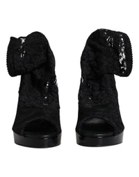 Dolce & Gabbana Black Stretch Taormina Lace Boots Women's Shoes