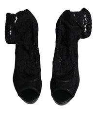 Dolce & Gabbana Black Stretch Taormina Lace Boots Women's Shoes