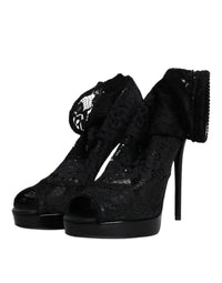 Dolce & Gabbana Black Stretch Taormina Lace Boots Women's Shoes