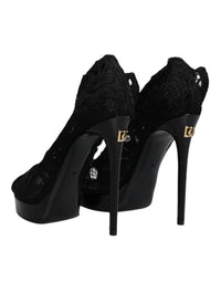 Dolce & Gabbana Black Stretch Taormina Lace Boots Women's Shoes