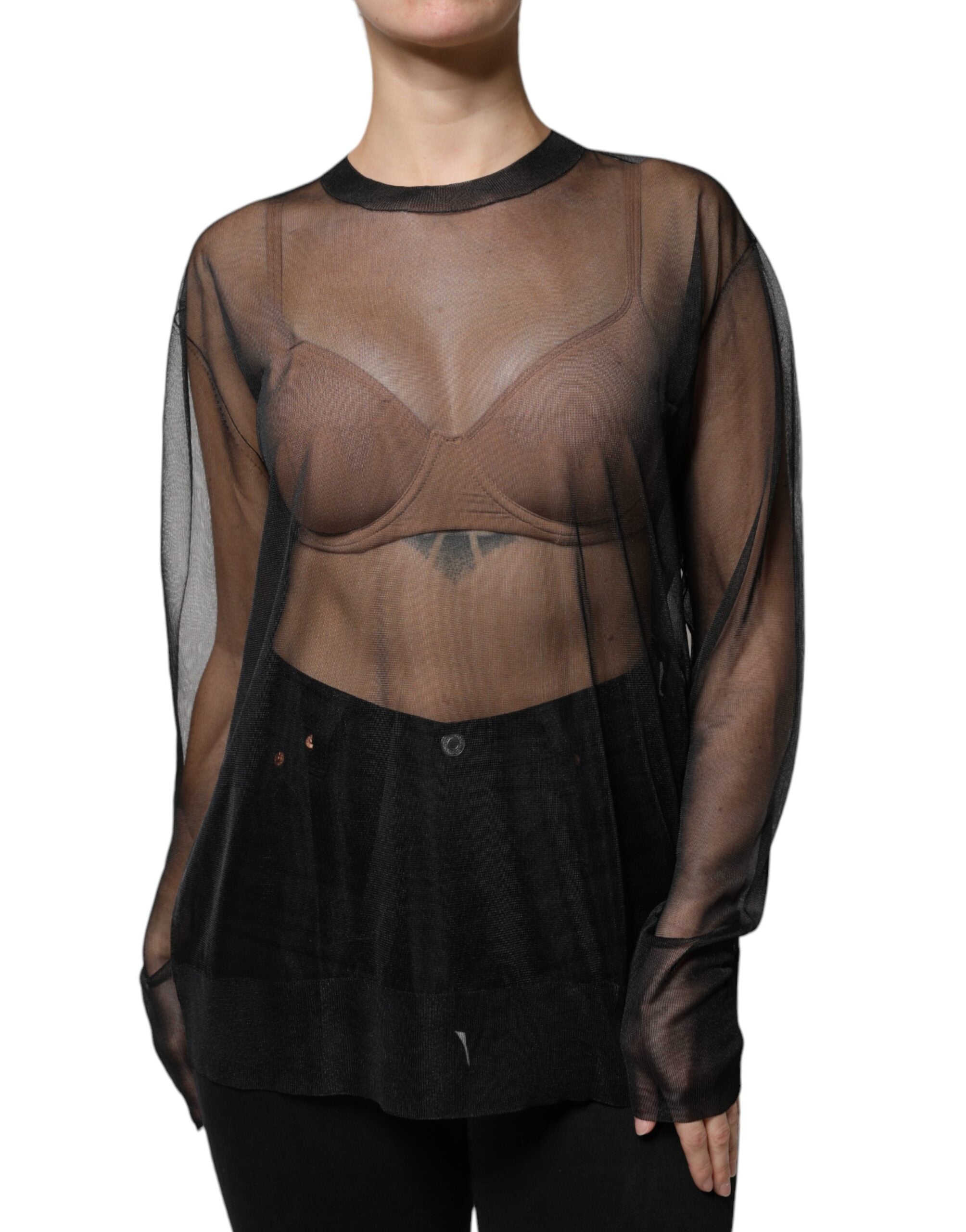 Dolce & Gabbana Black Sheer Long Sleeves Crewneck Blouse Women's Top (Pre-Owned)
