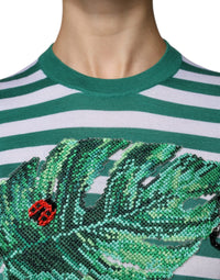 Dolce & Gabbana White Green Stripe Leaf Crew Neck Women's T-shirt
