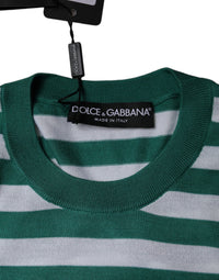 Dolce & Gabbana White Green Stripe Leaf Crew Neck Women's T-shirt