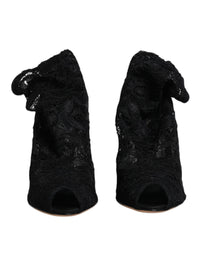 Dolce & Gabbana Black Lace Stretch Heels Mid Calf Boots Women's Shoes