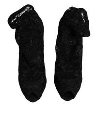 Dolce & Gabbana Black Lace Stretch Heels Mid Calf Boots Women's Shoes