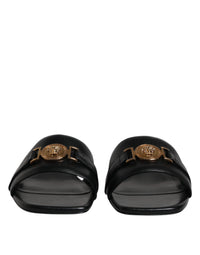 Versace Versace Black Leather Logo Plaque Slip On Slides Flats Women's Shoes