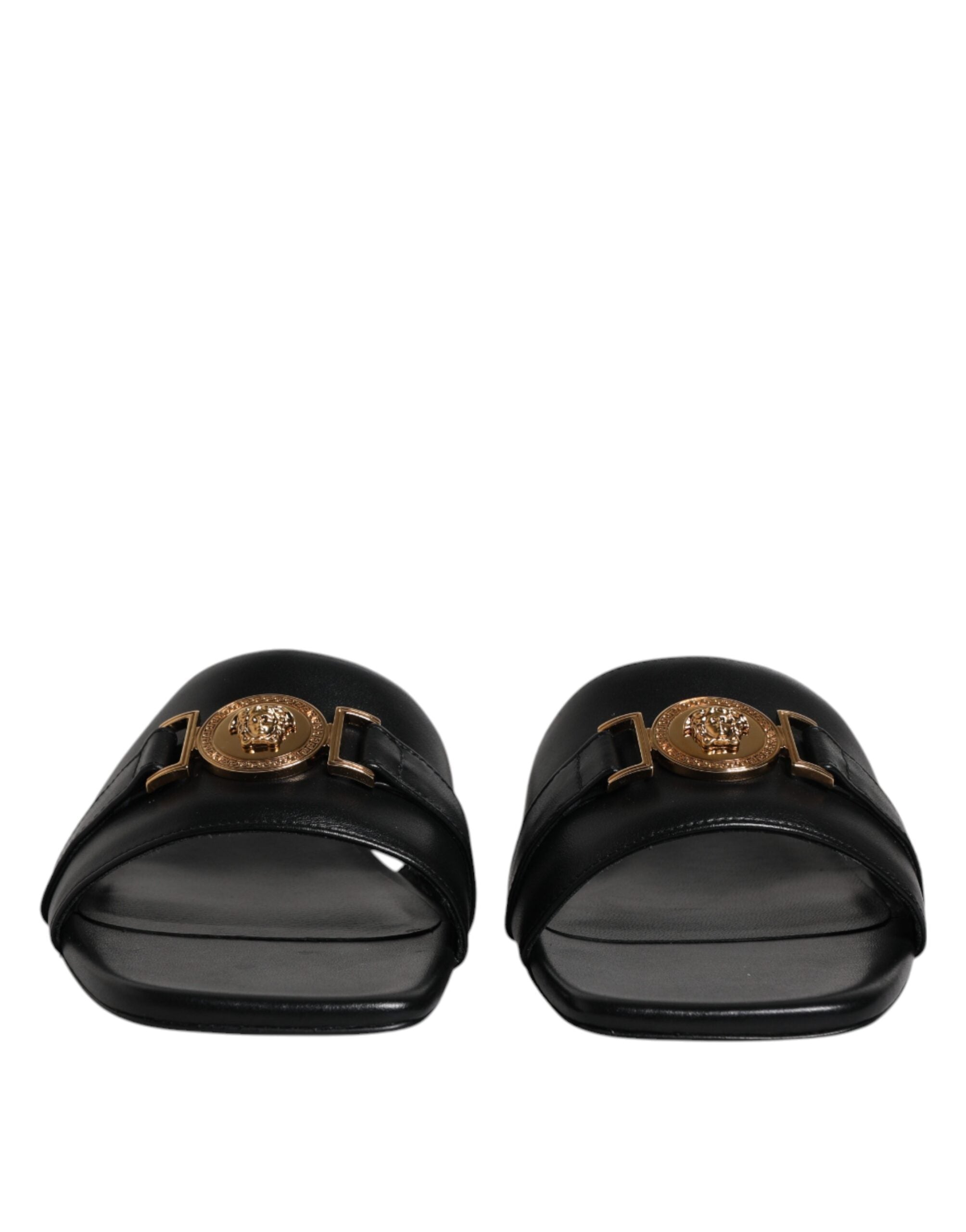 Versace Versace Black Leather Logo Plaque Slip On Slides Flats Women's Shoes