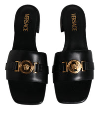 Versace Versace Black Leather Logo Plaque Slip On Slides Flats Women's Shoes