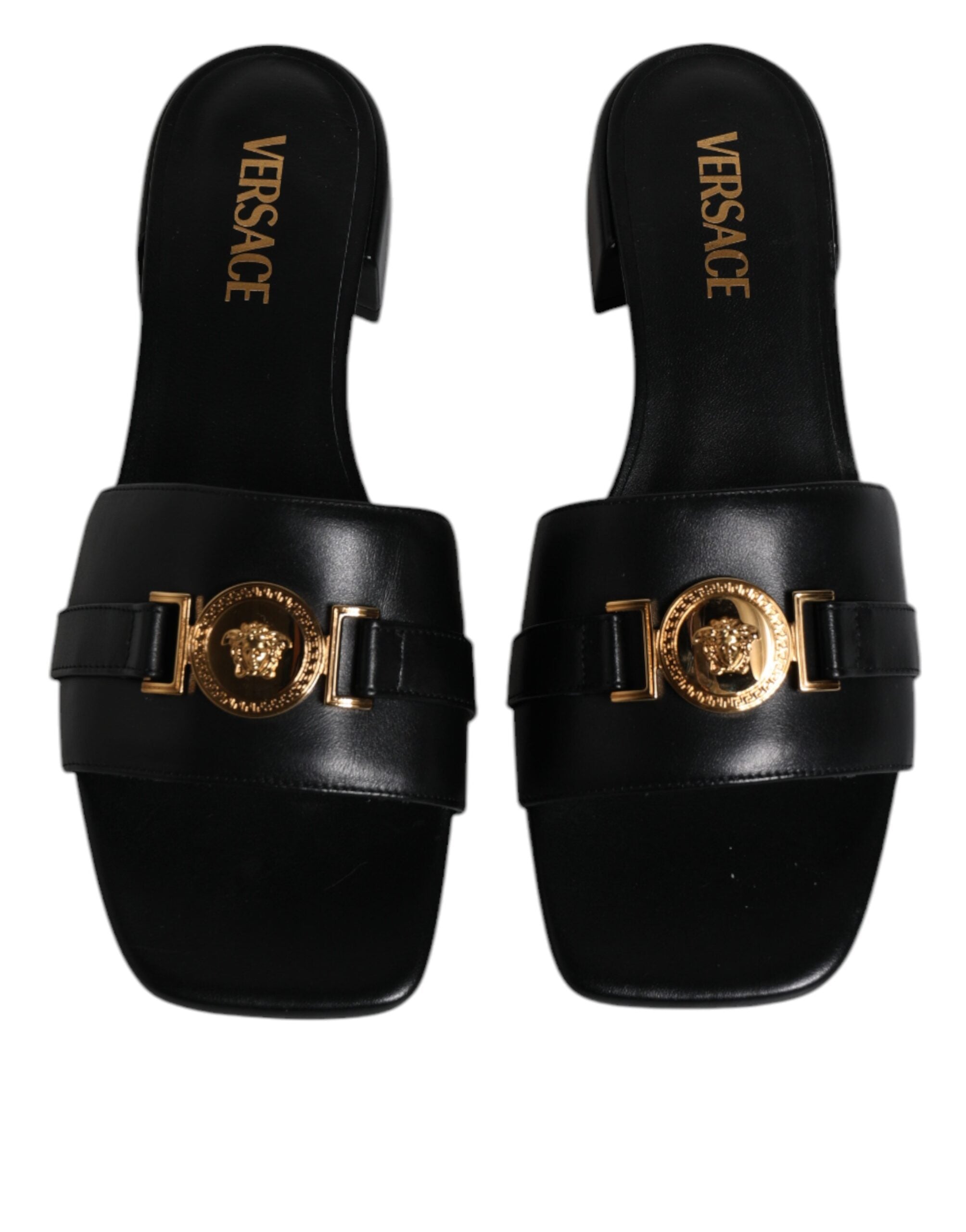 Versace Versace Black Leather Logo Plaque Slip On Slides Flats Women's Shoes