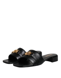 Versace Versace Black Leather Logo Plaque Slip On Slides Flats Women's Shoes