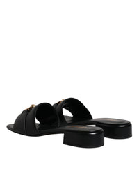 Versace Versace Black Leather Logo Plaque Slip On Slides Flats Women's Shoes