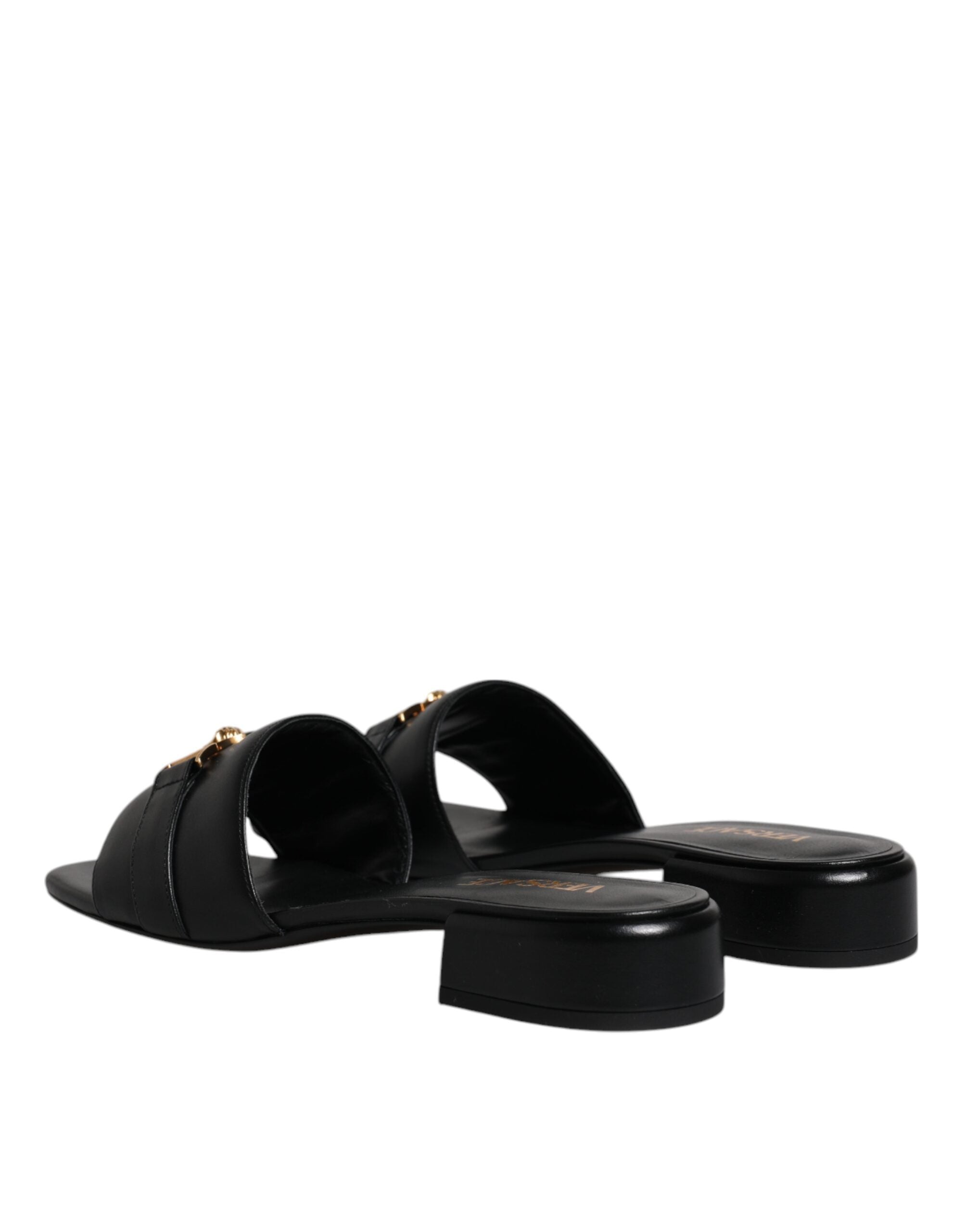 Versace Versace Black Leather Logo Plaque Slip On Slides Flats Women's Shoes