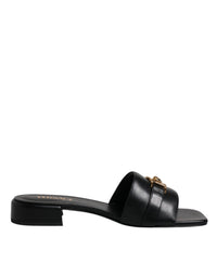 Versace Versace Black Leather Logo Plaque Slip On Slides Flats Women's Shoes