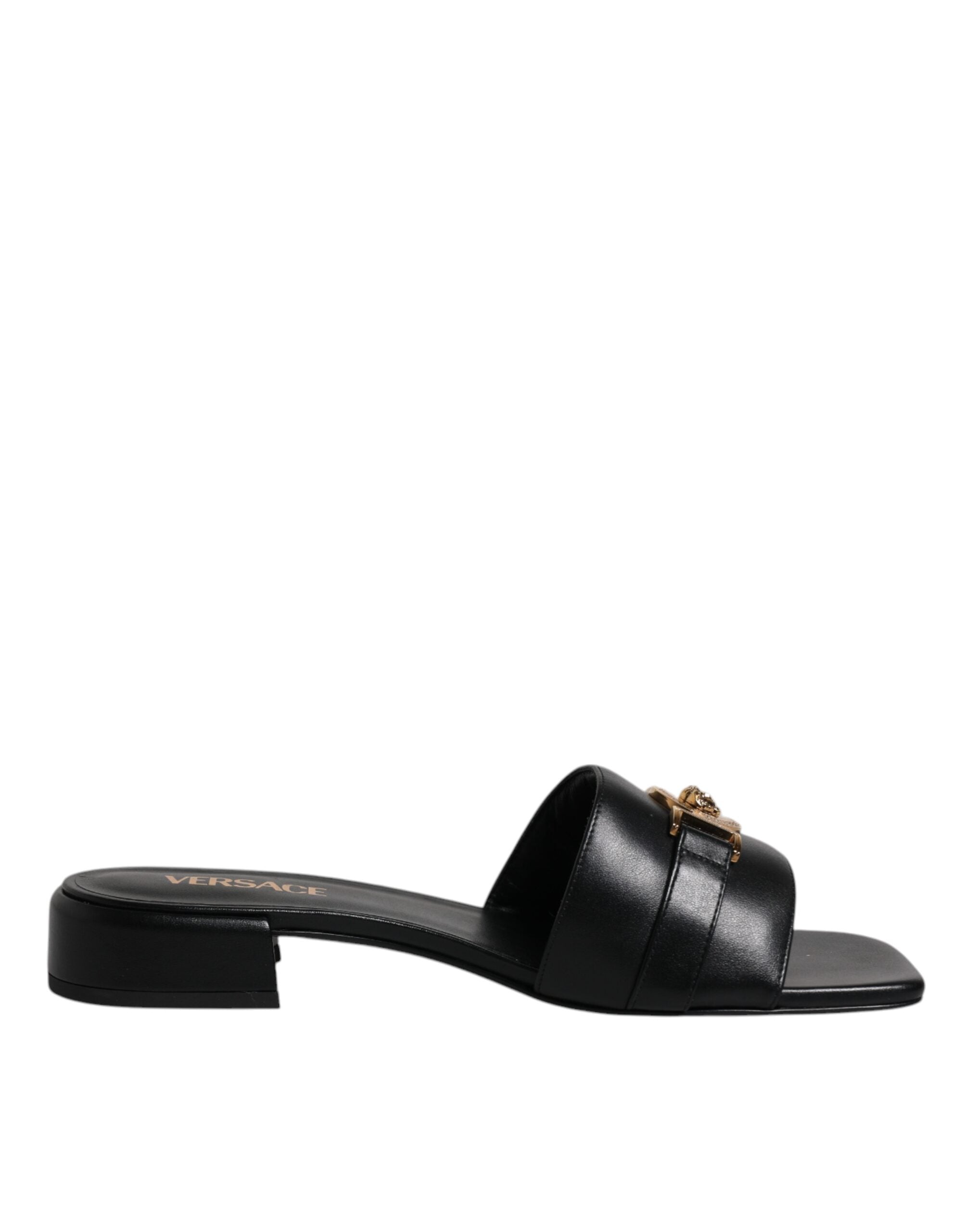 Versace Versace Black Leather Logo Plaque Slip On Slides Flats Women's Shoes