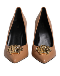 Versace Brown Leather Logo Plaque High Heels Pumps Women's Shoes