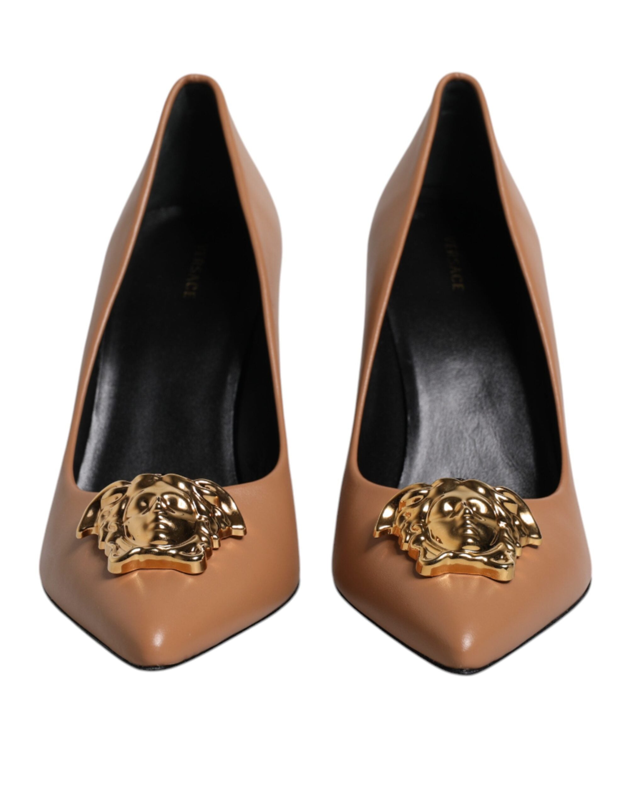 Versace Brown Leather Logo Plaque High Heels Pumps Women's Shoes