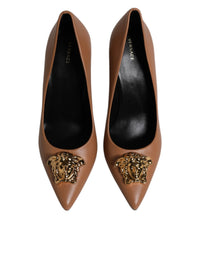 Versace Brown Leather Logo Plaque High Heels Pumps Women's Shoes