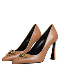 Versace Brown Leather Logo Plaque High Heels Pumps Women's Shoes