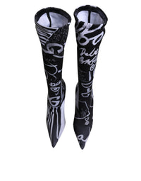 Dolce & Gabbana Black Logo Stretch Heels High Boots Women's Shoes