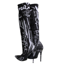 Dolce & Gabbana Black Logo Stretch Heels High Boots Women's Shoes