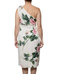 Dolce & Gabbana White Floral Silk One Shoulder Midi Women's Dress