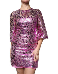 Dolce & Gabbana Metallic Fuchsia Floral Sheath Mini Women's Dress