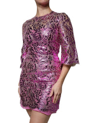 Dolce & Gabbana Metallic Fuchsia Floral Sheath Mini Women's Dress