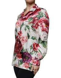 Dolce & Gabbana White Peony Silk Long Sleeves Collared Blouse Women's Top