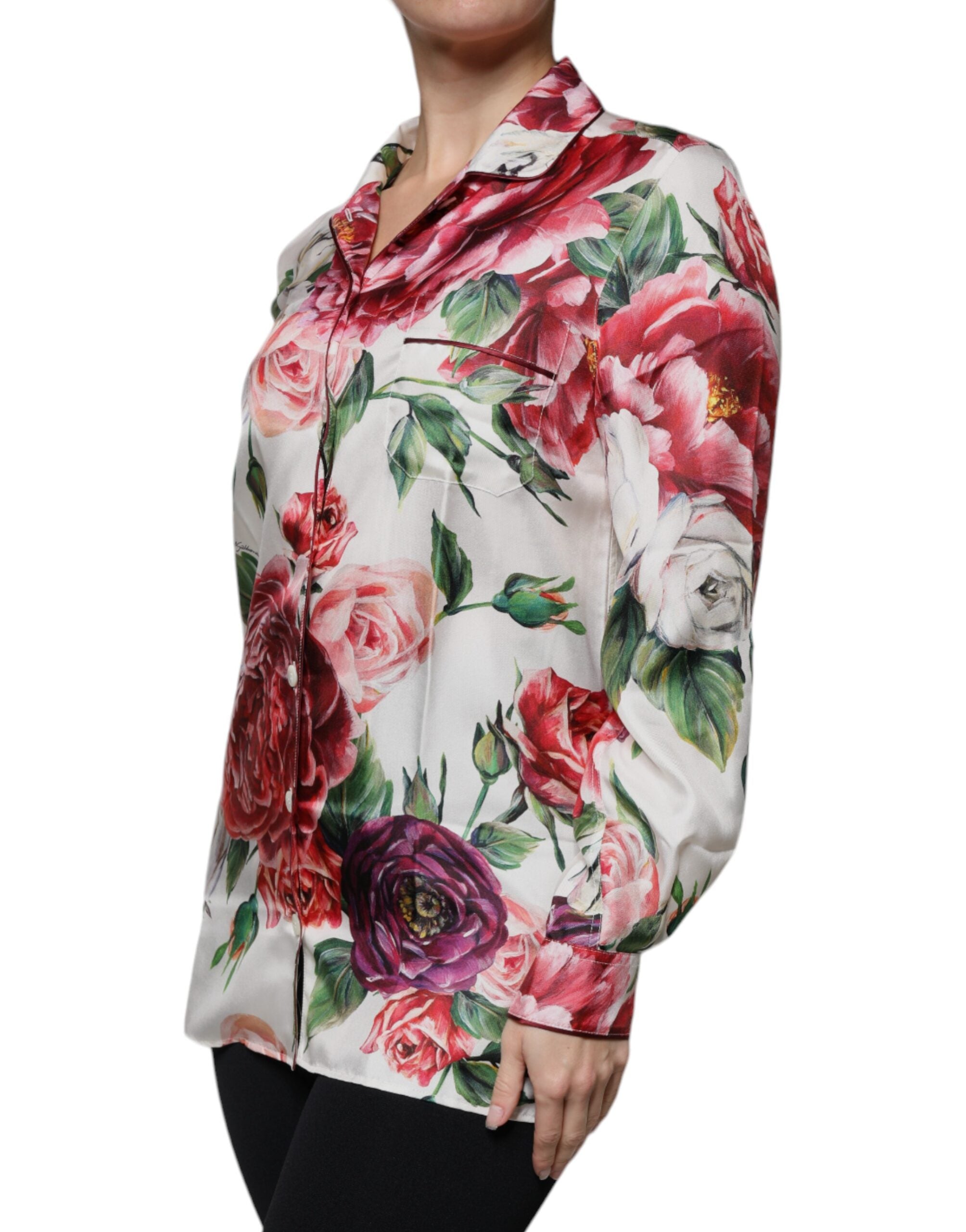 Dolce & Gabbana White Peony Silk Long Sleeves Collared Blouse Women's Top