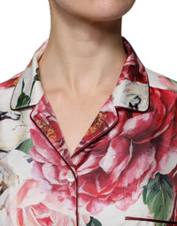 Dolce & Gabbana White Peony Silk Long Sleeves Collared Blouse Women's Top