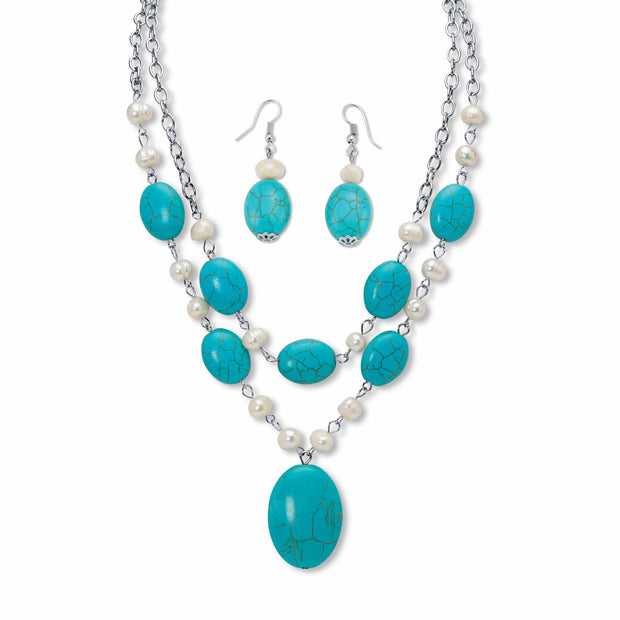 PalmBeach Jewelry Silvertone Cultured Freshwater Pearl and Genuine Green Turquoise Necklace and Earring Set, 17 inches plus extension