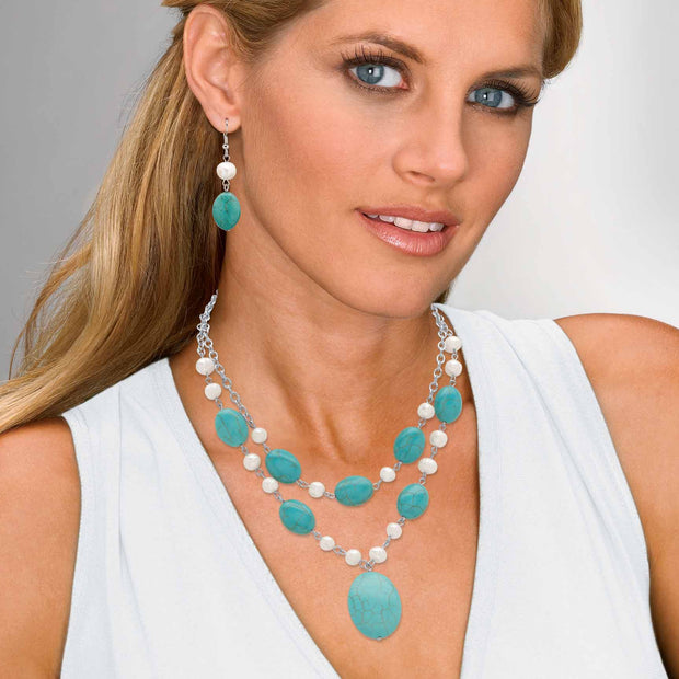 PalmBeach Jewelry Silvertone Cultured Freshwater Pearl and Genuine Green Turquoise Necklace and Earring Set, 17 inches plus extension