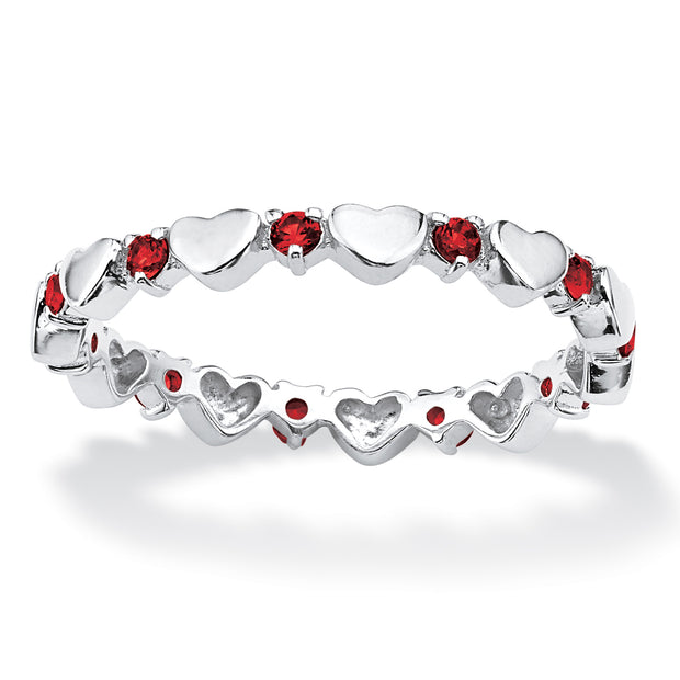 PalmBeach Jewelry Sterling Silver Round Simulated Birthstone Heart Eternity Ring Sizes 5-10-July-Ruby