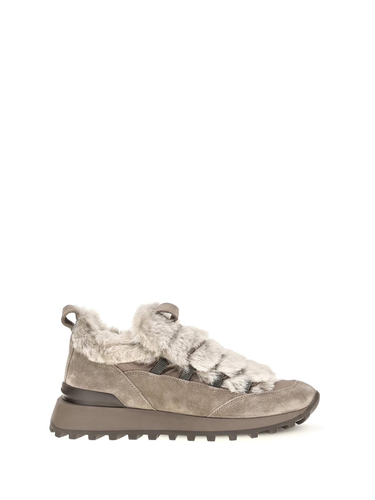 Brunello Cucinelli Women Suede And Tech Cotton Sneakers With Shearling Lining And Monili Detail