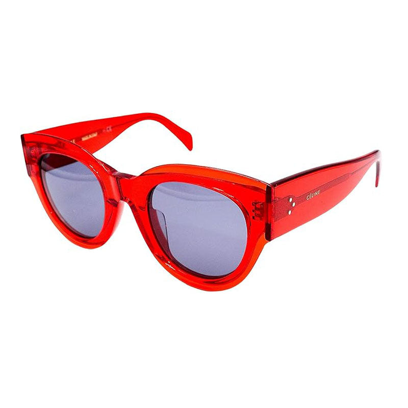 Celine Round Full Rim, with a Transparent Red frame and Blue lens. Red