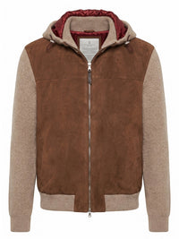 Brunello Cucinelli Men Suede And Cashmere Knit Hooded Bomber Jacket
