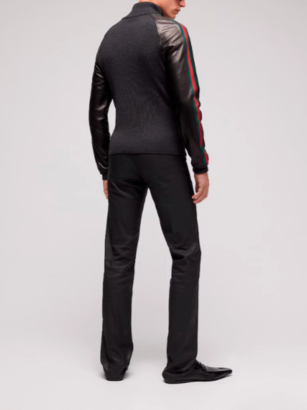 Gucci Men Wool Zip Jacket With Leather Sleeves