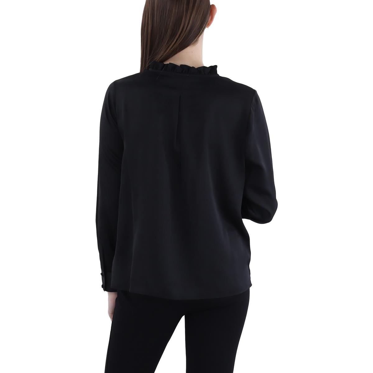 Womens Ruffled Tie Neck Button-Down Top